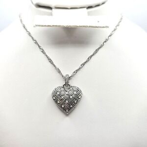 BRIGHTON 'Diamond Lace' Necklace Puff Heart Reversible Crystals Silver Plate 18"
